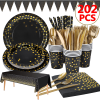 202pcs Eco-Friendly Disposable Black and Gold Paper Plates Cutlery Napkins Cups Tablecloth Banner Supplies Bulk, Non-Plastic Dinnerware Decorations fo