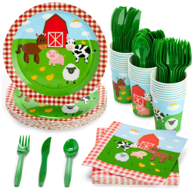 144-Piece Barnyard Birthday Party Supplies Set, Farm Animal Party Decorations With Paper Plates, Dinner Napkins, 9 oz Cups, and Plastic Cutlery (Serve