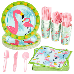 144-Piece Pink Flamingo Birthday Party Supplies, Paper Plates, Napkins, Cups, Cutlery for Summer Hawaiian Themed Party, Girl Baby Shower Decorations (