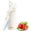 Knife Set for Kitchen, 5-Pieces White Cooking Knife Set with Storage Knife Holder, Sharp Stainless Steel Knife Block Set for Cutting Slicing Dicing Ch