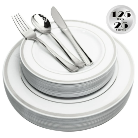 JL Prime 125 Piece Silver Plastic Plates & Cutlery Set, Re-usable Recyclable Plastic Plates with Silver Rim & Silverware, 25 Dinner Plates, 25 Salad P